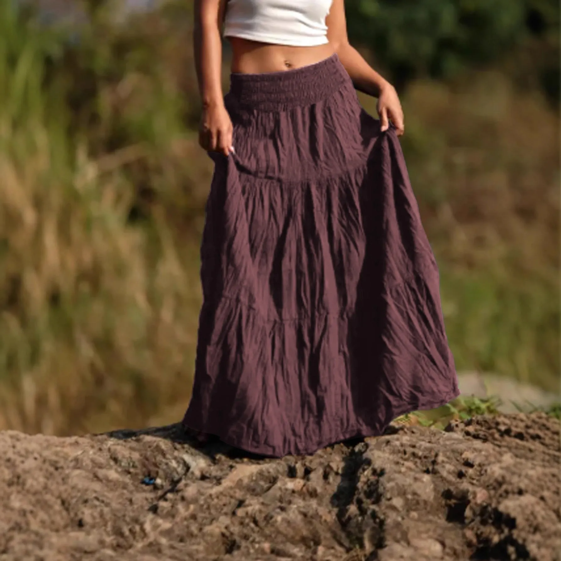 Women's waist smocking mid-length retro patchwork skirt in viscose fibre, available in multiple colours