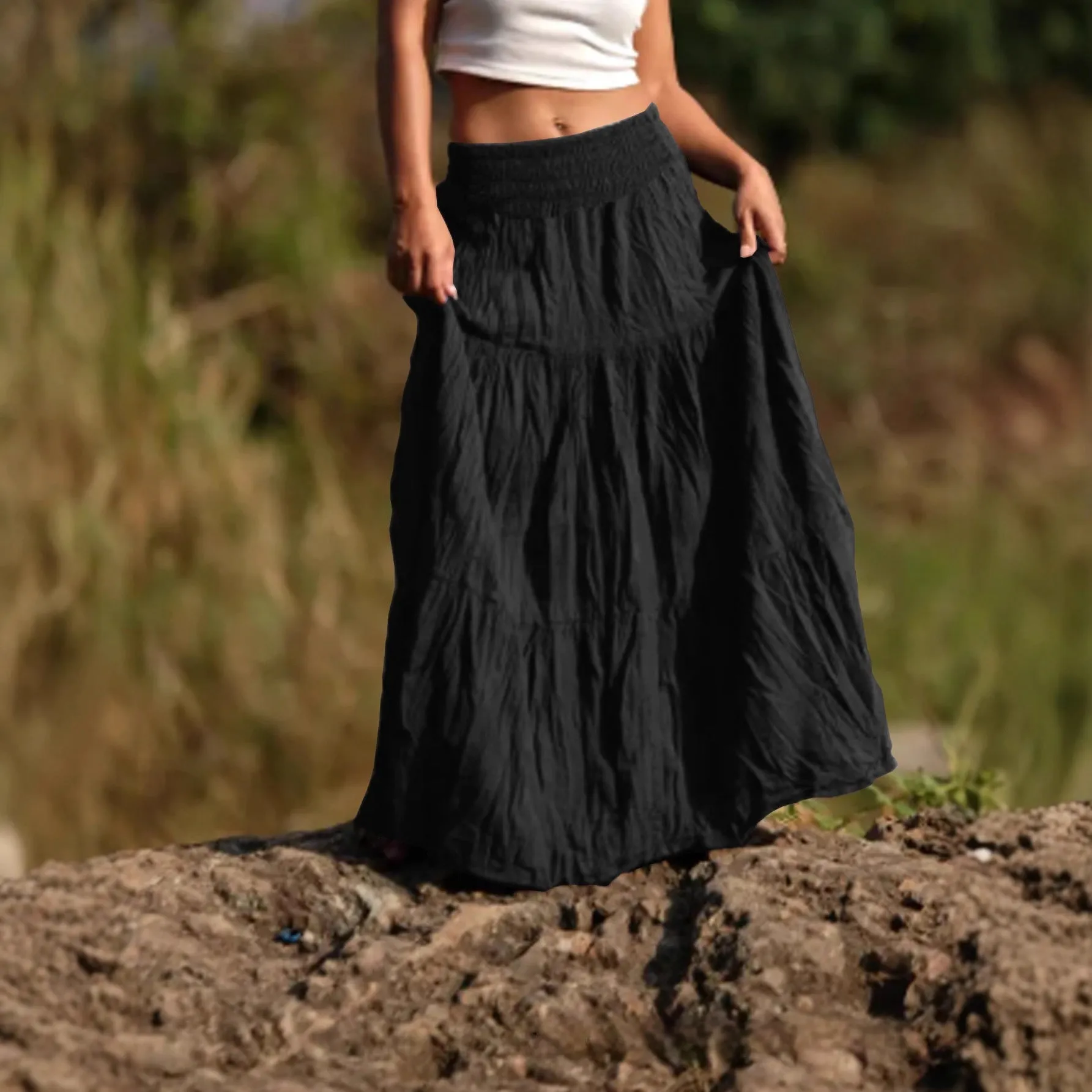 Women's waist smocking mid-length retro patchwork skirt in viscose fibre, available in multiple colours