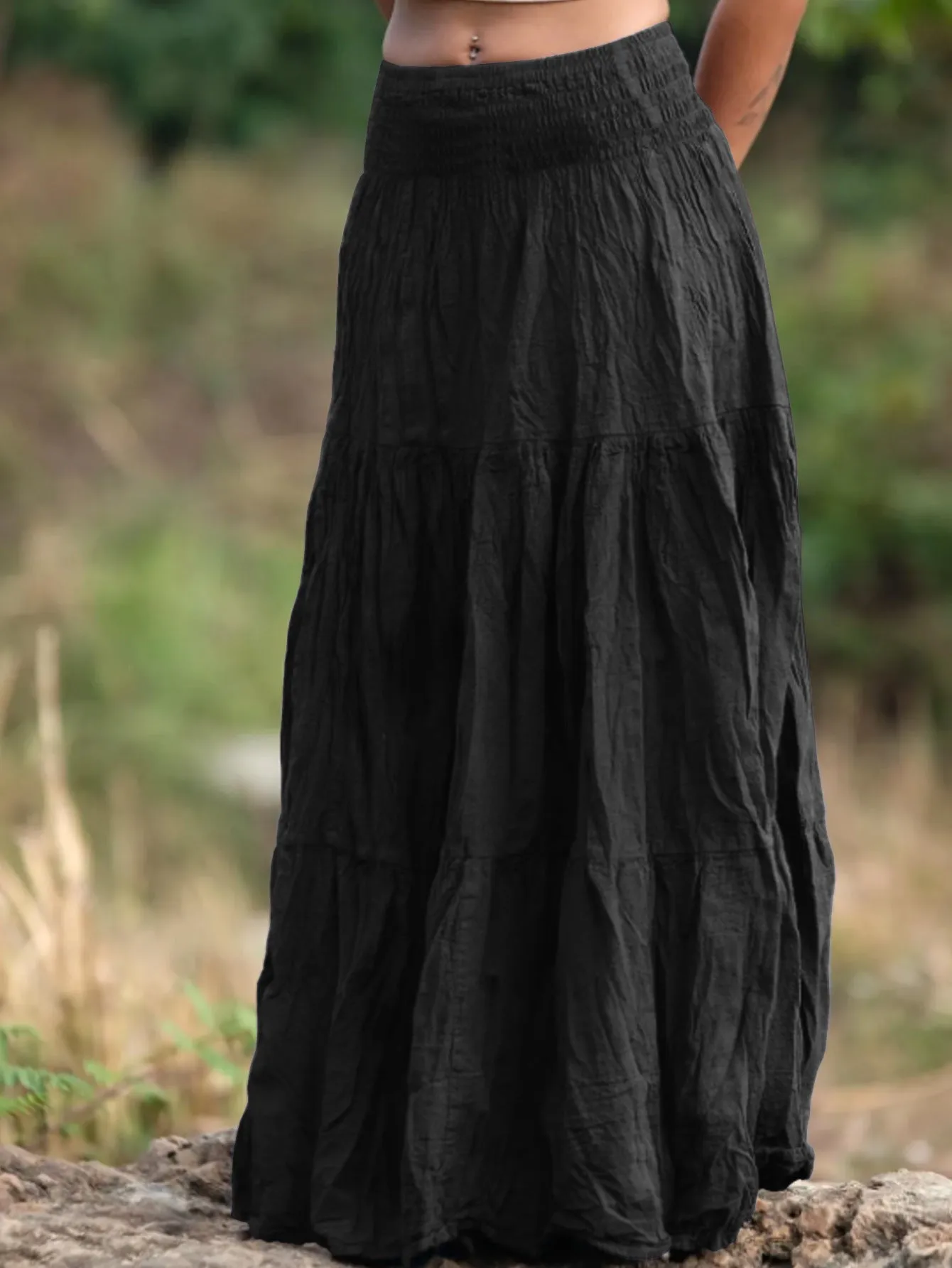 Women's waist smocking mid-length retro patchwork skirt in viscose fibre, available in multiple colours