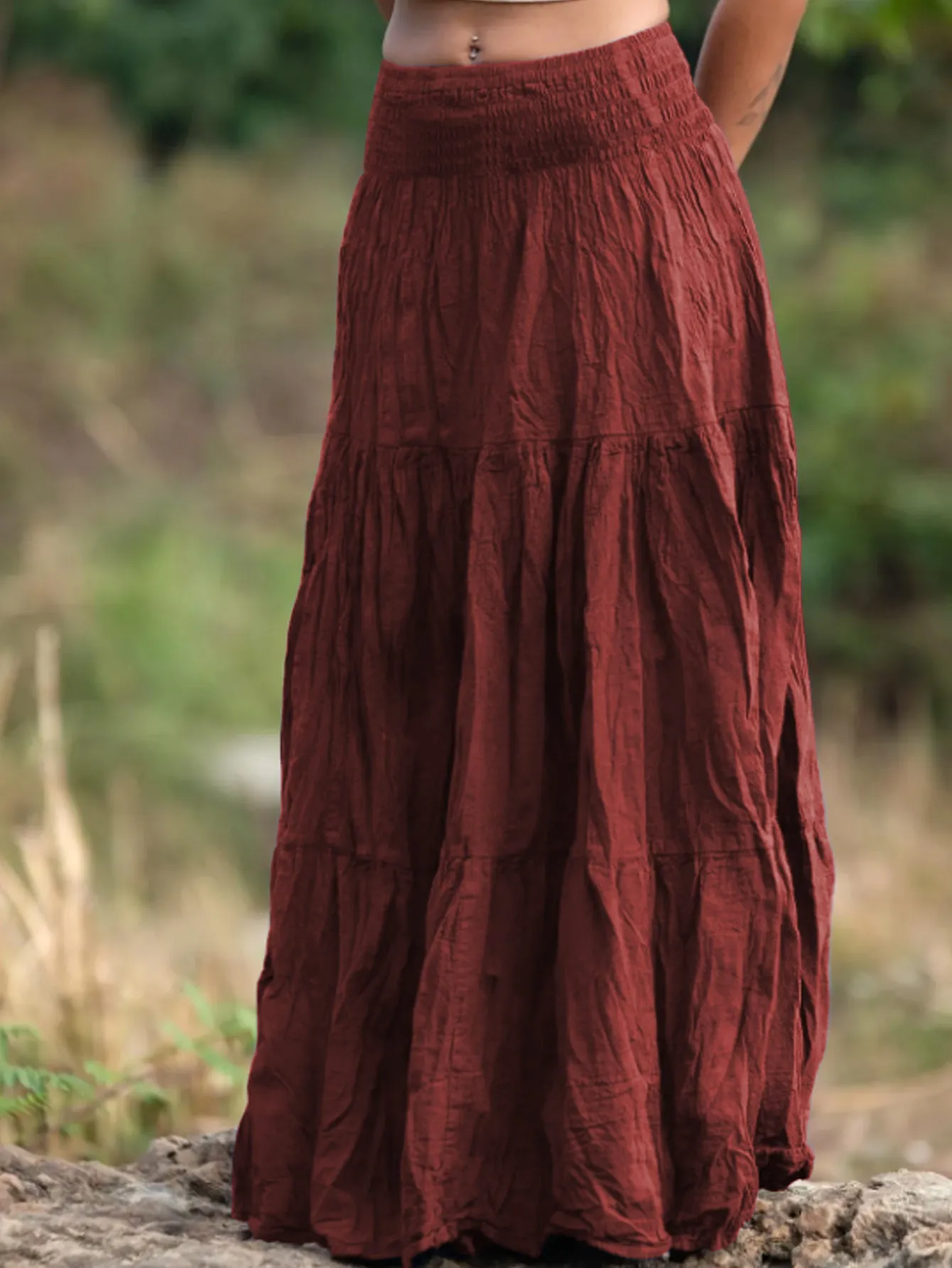 Women's waist smocking mid-length retro patchwork skirt in viscose fibre, available in multiple colours