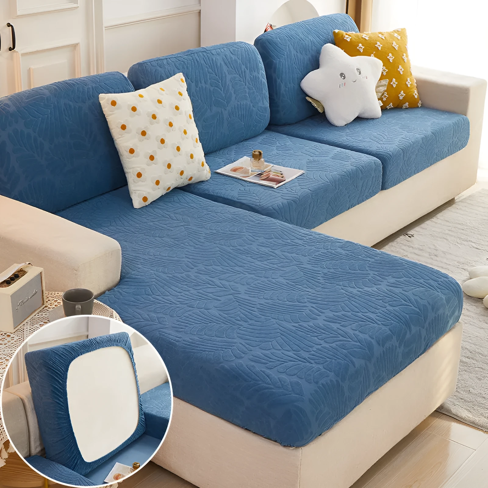 Nordic stretch sofa cover with Japanese banana leaf print in Lake Blue, fitted on a single cushion