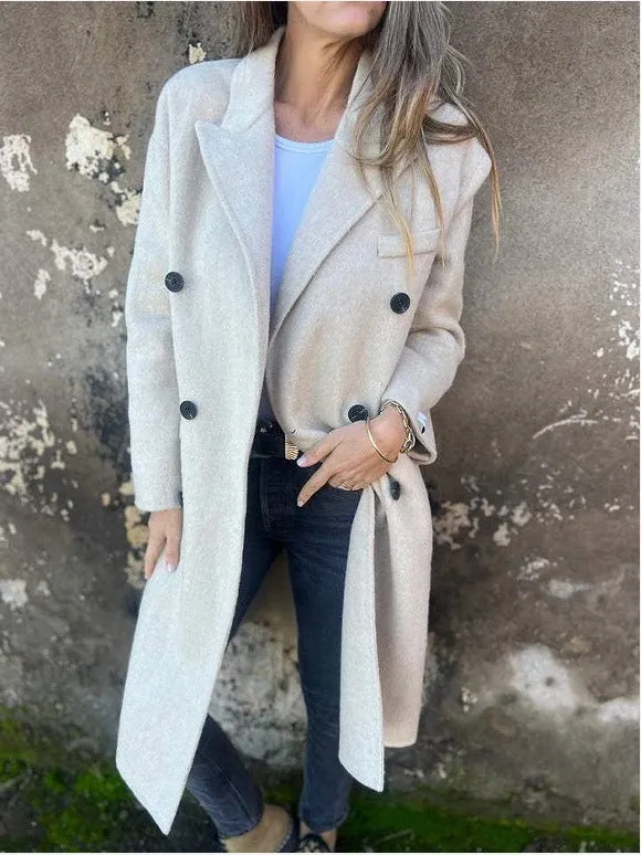 Women's mid-length double-breasted polyester casual jacket in solid colour with collar and long sleeves