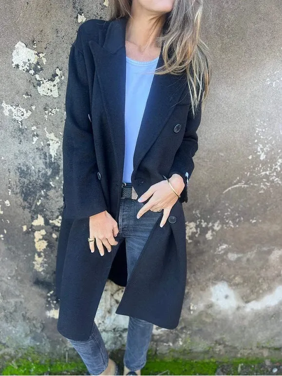 Women's mid-length double-breasted polyester casual jacket in solid colour with collar and long sleeves