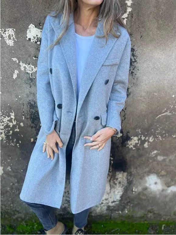 Women's mid-length double-breasted polyester casual jacket in solid colour with collar and long sleeves
