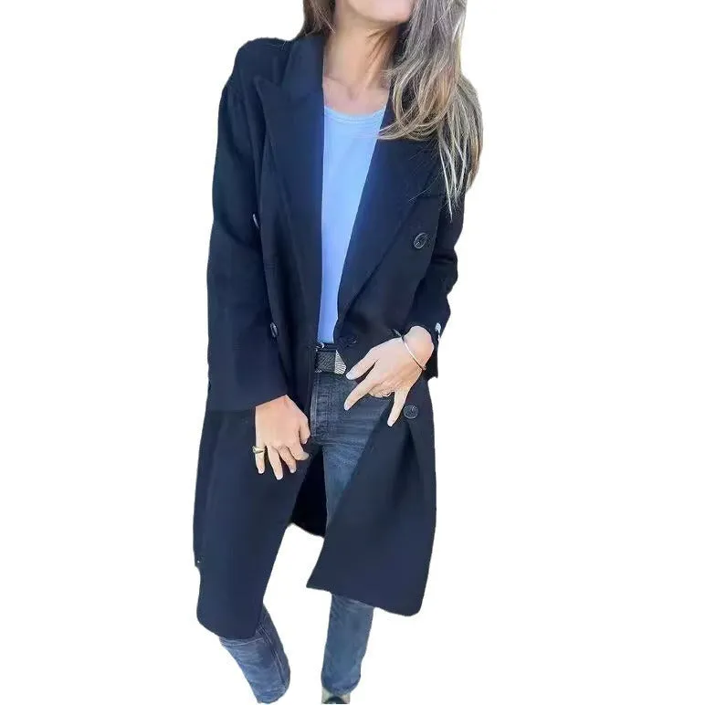 Women's mid-length double-breasted polyester casual jacket in solid colour with collar and long sleeves