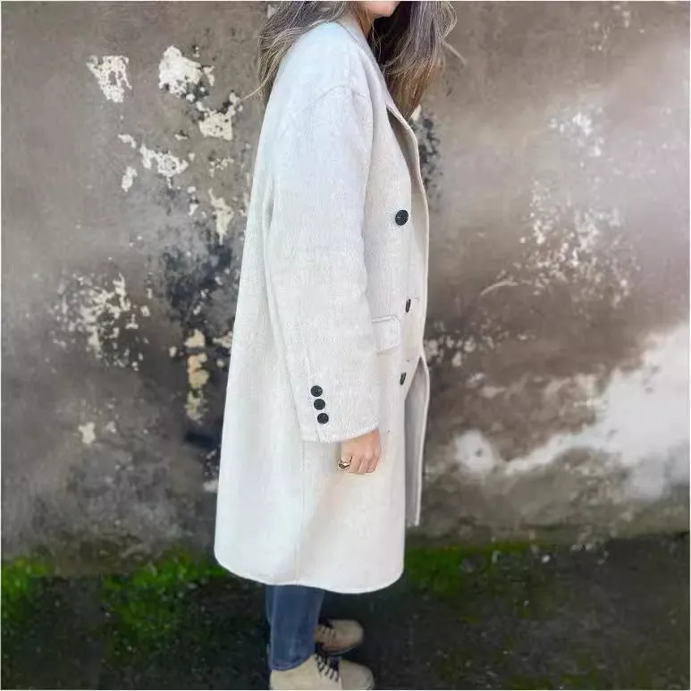 Women's mid-length double-breasted polyester casual jacket in solid colour with collar and long sleeves