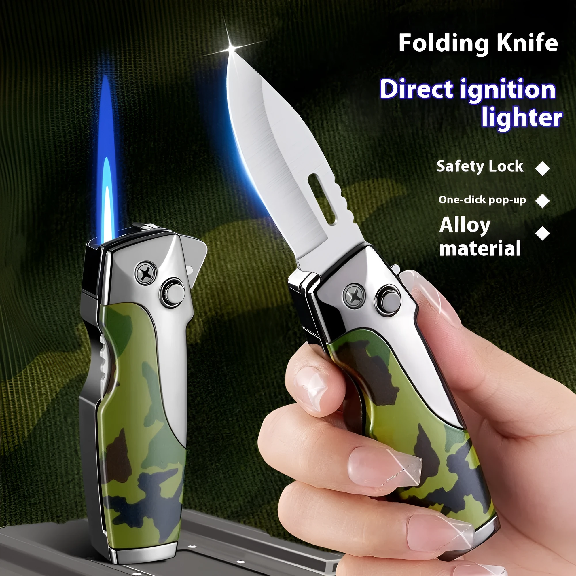 Closed metal folding lighter with integrated knife in a carbon fibre finish, showing the safety lock and refill valve.