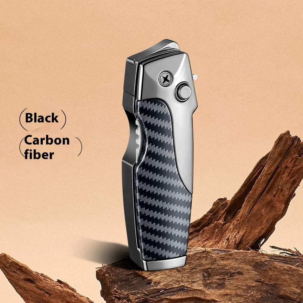 Closed metal folding lighter with integrated knife in a carbon fibre finish, showing the safety lock and refill valve.