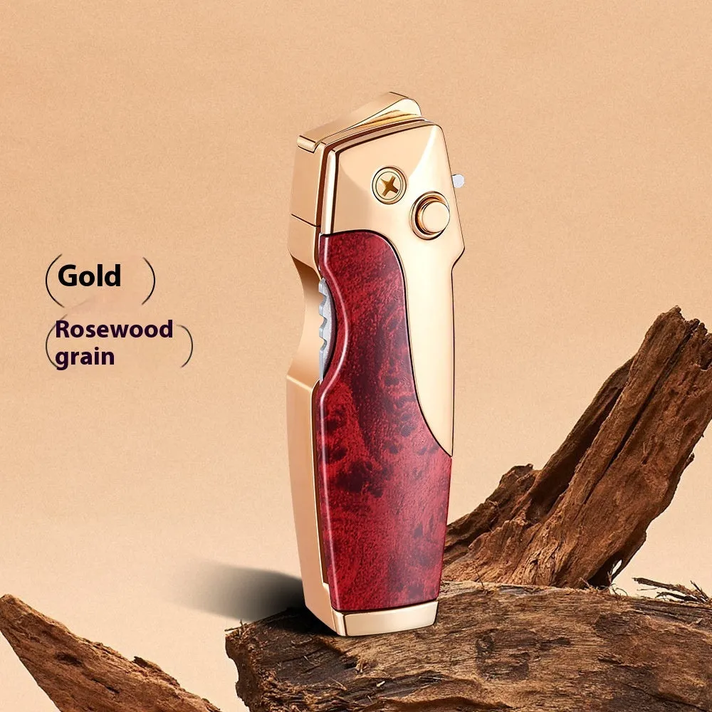 Closed metal folding lighter with integrated knife in a carbon fibre finish, showing the safety lock and refill valve.