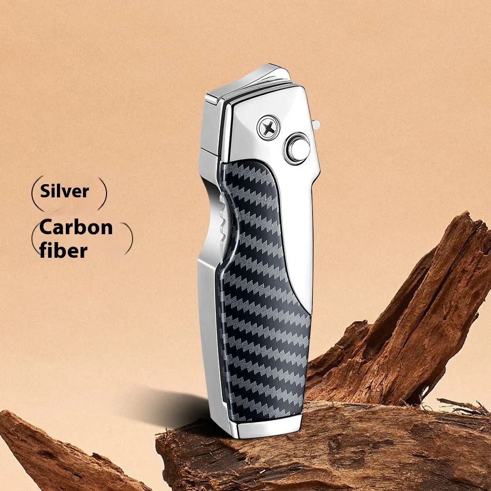 Closed metal folding lighter with integrated knife in a carbon fibre finish, showing the safety lock and refill valve.