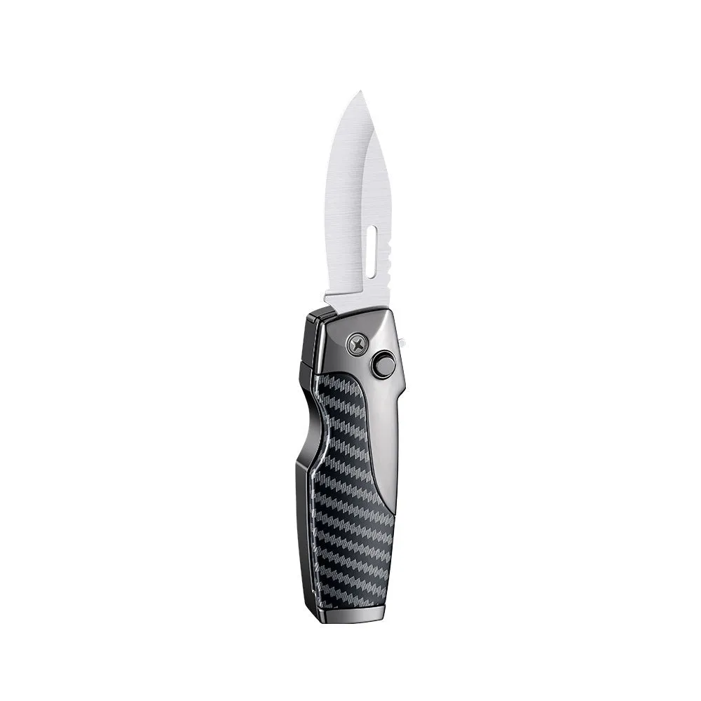 Closed metal folding lighter with integrated knife in a carbon fibre finish, showing the safety lock and refill valve.