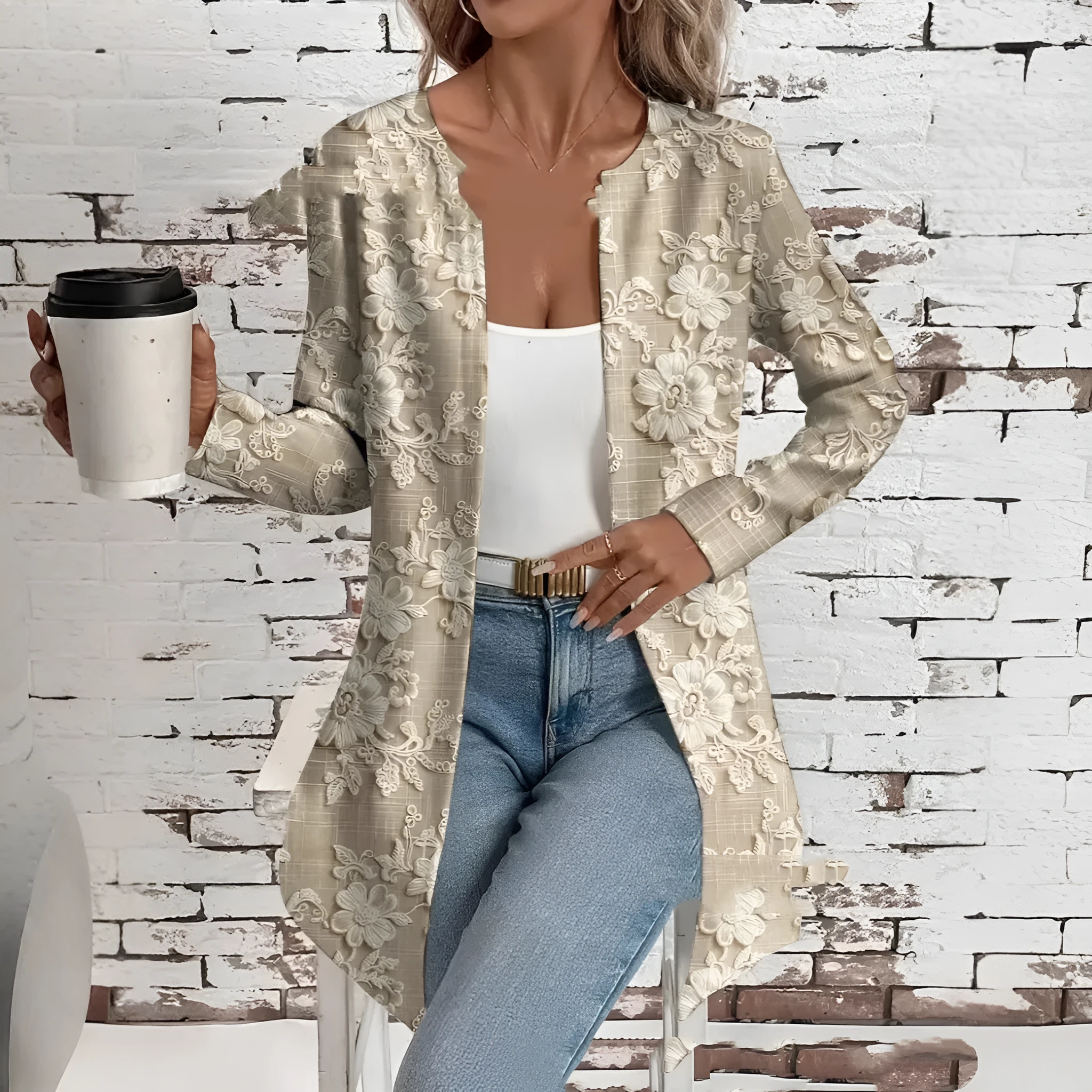 Printed loose casual women's mid-length long sleeve jacket with 3D stereo pattern in colour 1-F051