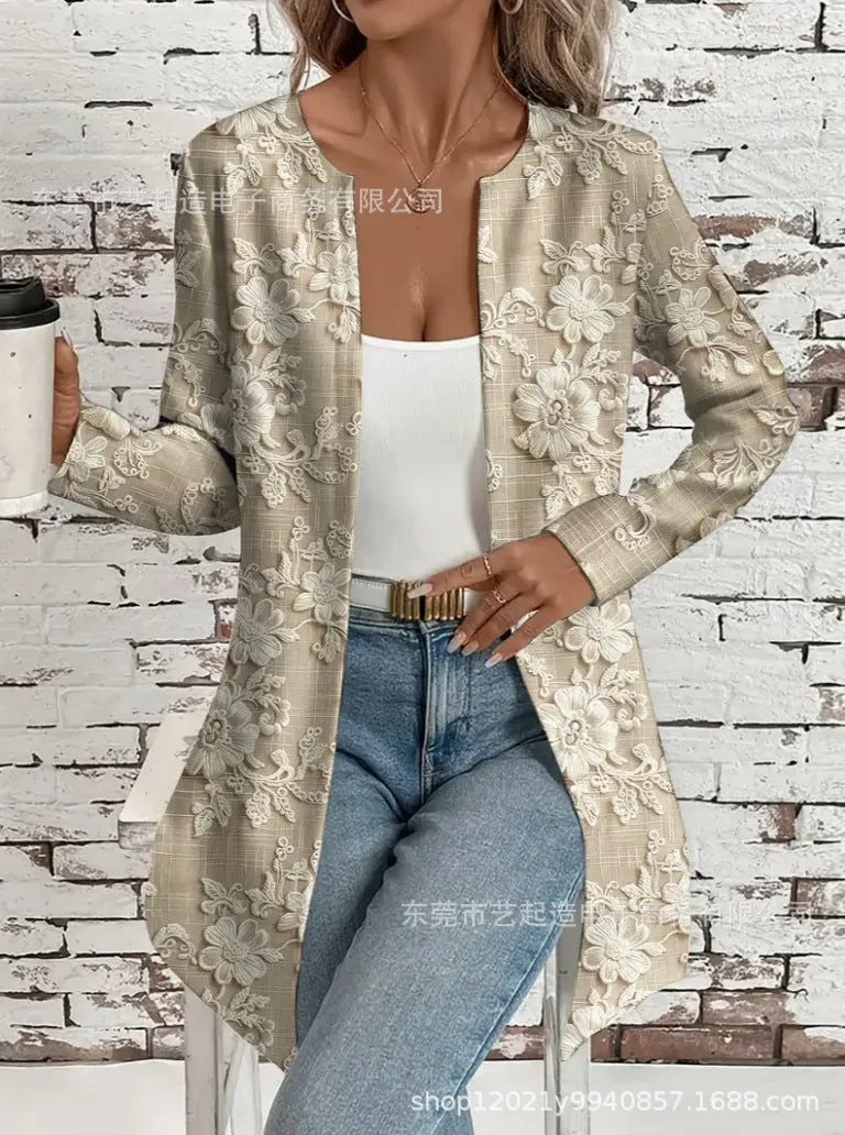 Printed loose casual women's mid-length long sleeve jacket with 3D stereo pattern in colour 1-F051
