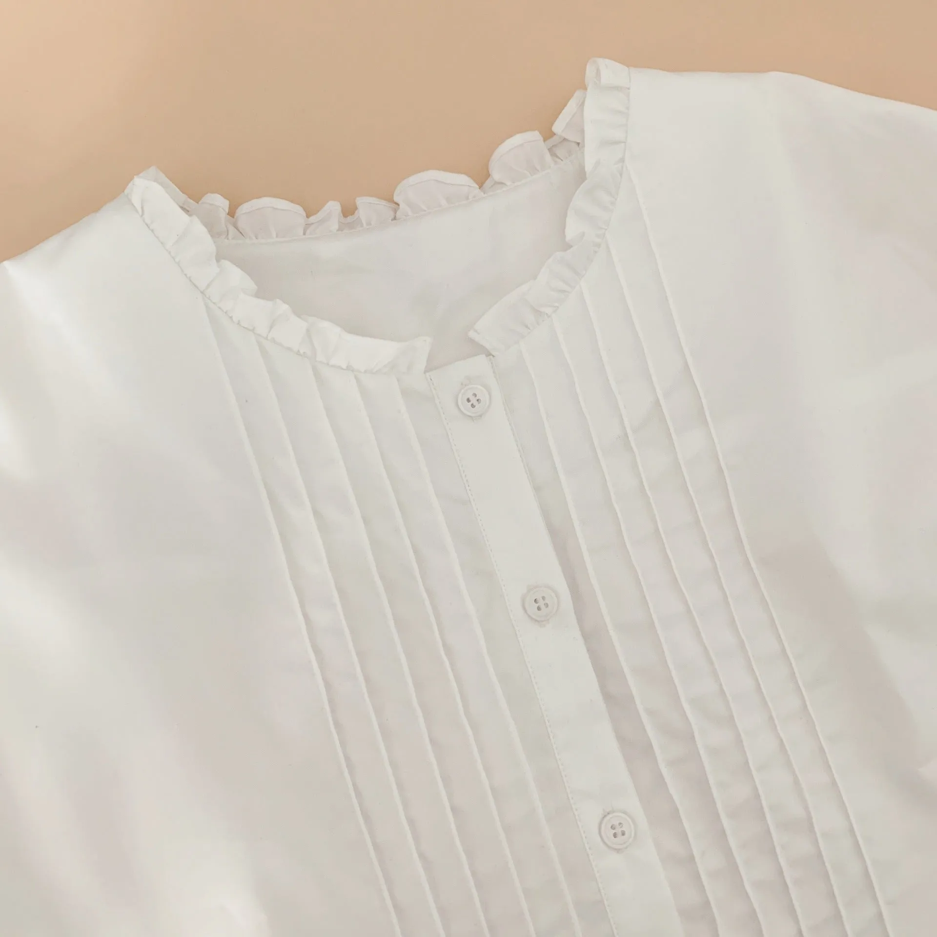 Design Sense loose western style stand collar ruffled pleated white cotton shirt for women