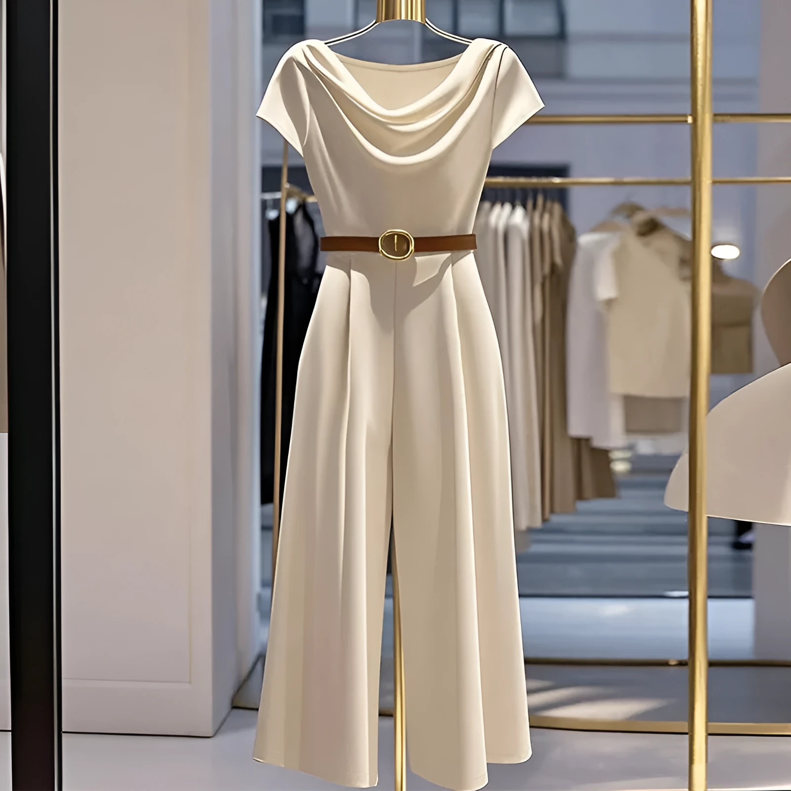Apricot satin wide-leg jumpsuit with mid-waist and quarter sleeves on a model