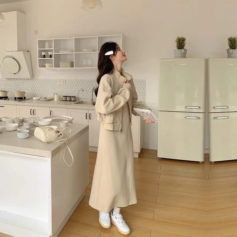Women's solid colour polyester suit set with long sleeve zip top and matching dress in fresh sweet style