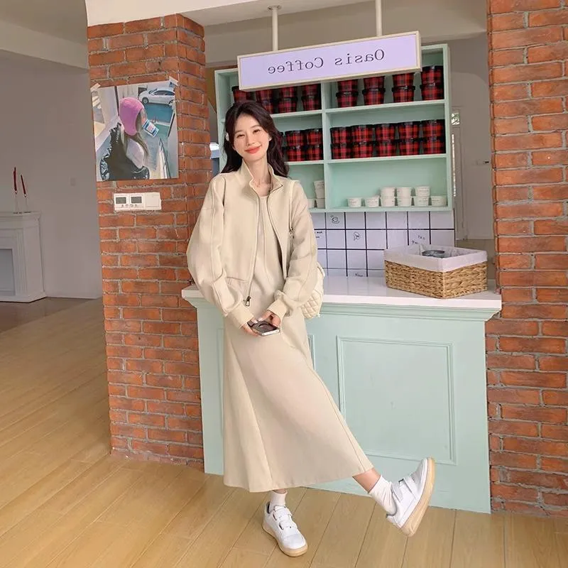 Women's solid colour polyester suit set with long sleeve zip top and matching dress in fresh sweet style