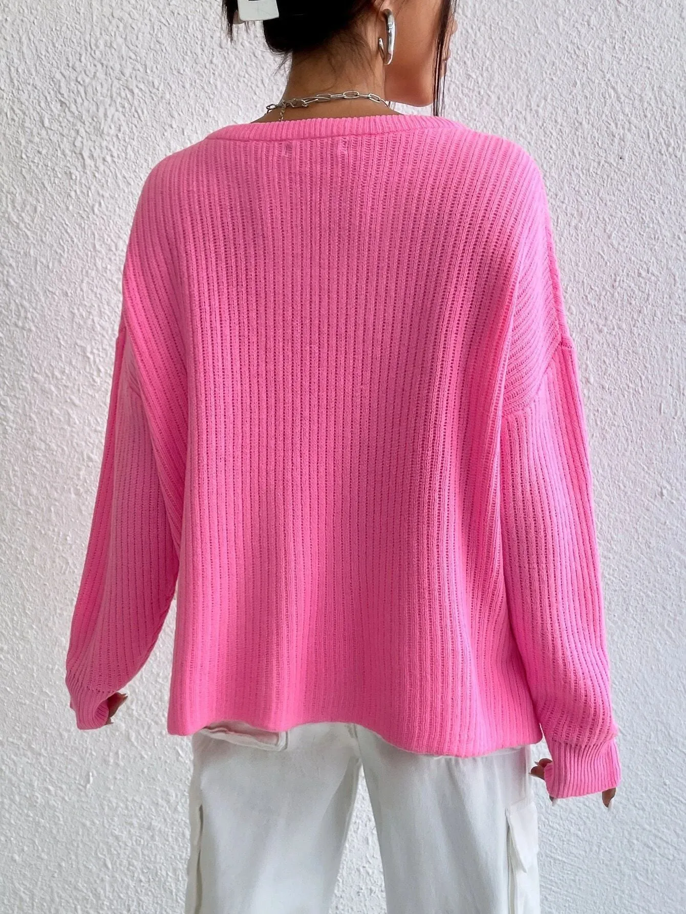 Women's solid colour V-neck loose fit long sleeve pullover sweater in rose red macaron colour