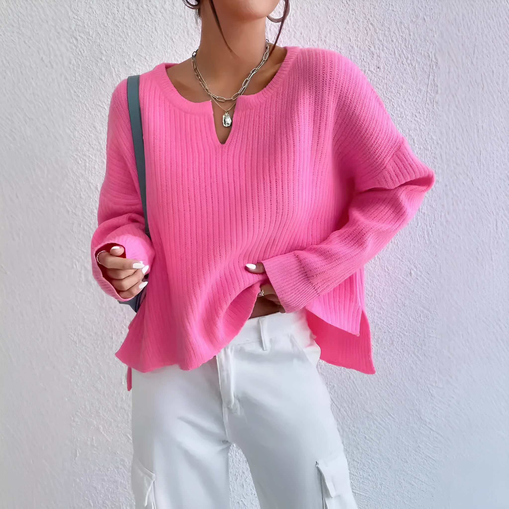Women's solid colour V-neck loose fit long sleeve pullover sweater in rose red macaron colour