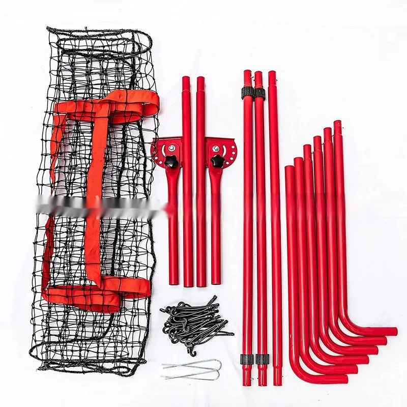 Red steel frame adjustable baseball training net for multi-sport practice in backyard setting