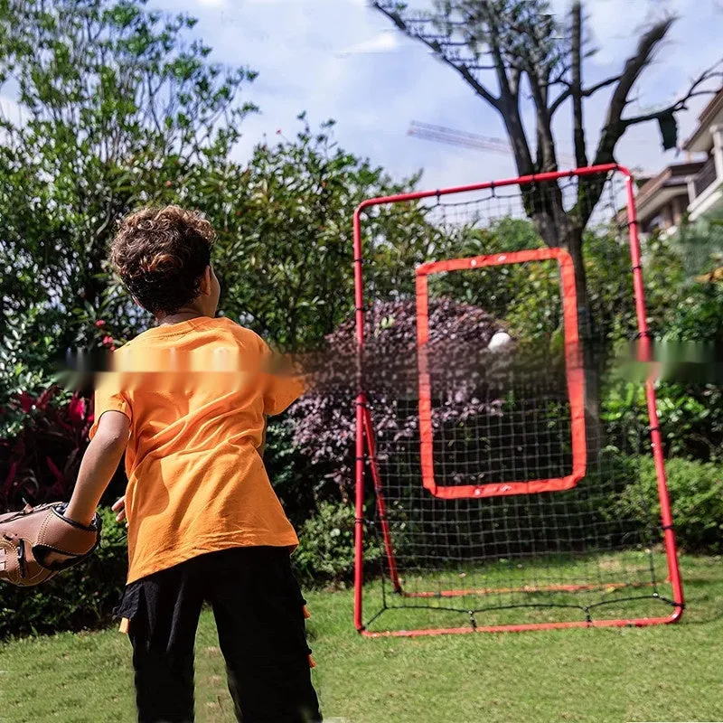 Red steel frame adjustable baseball training net for multi-sport practice in backyard setting