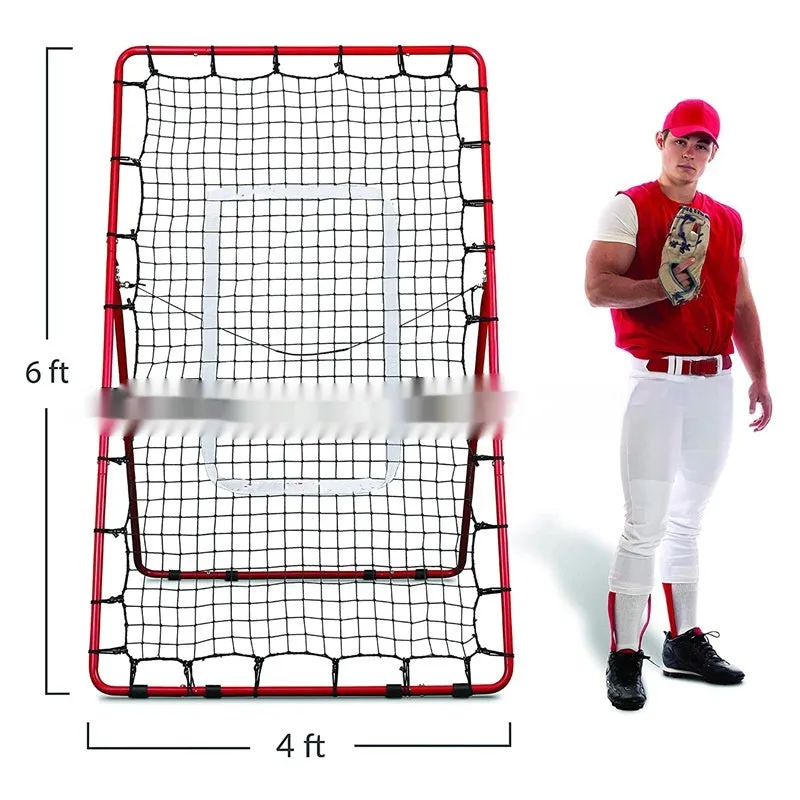Red steel frame adjustable baseball training net for multi-sport practice in backyard setting