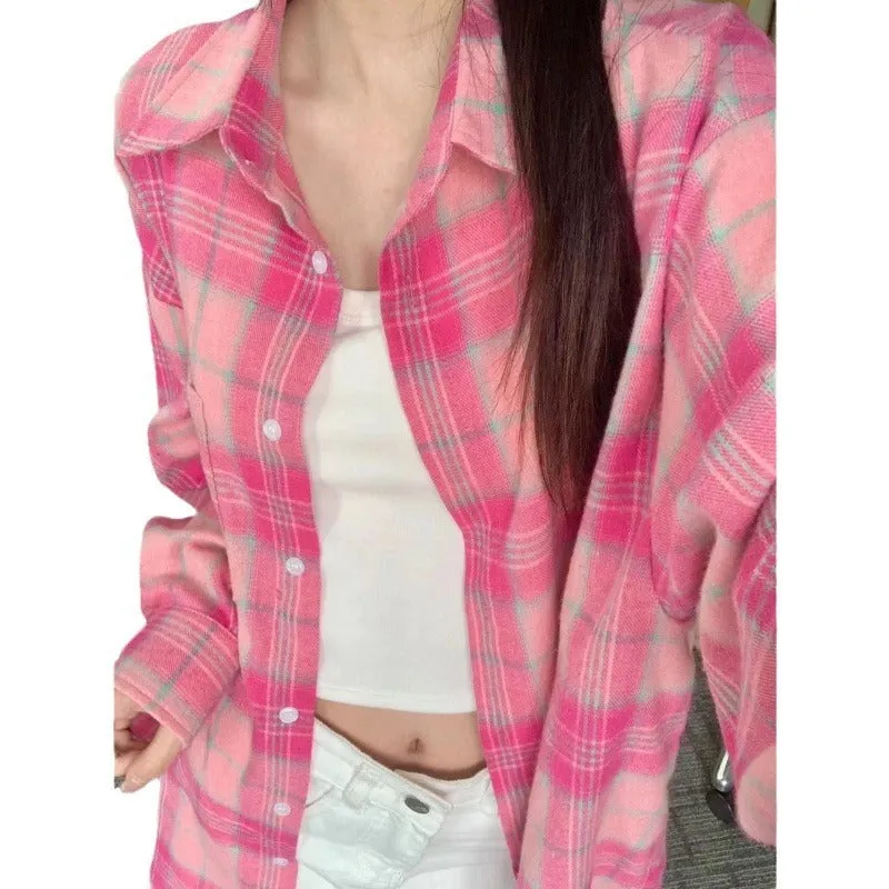 Loose casual sun-proof plaid shirt for women in pink plaid, long sleeve cardigan style, polyester