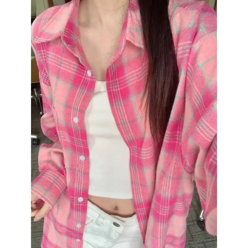 Loose casual sun-proof plaid shirt for women in pink plaid, long sleeve cardigan style, polyester