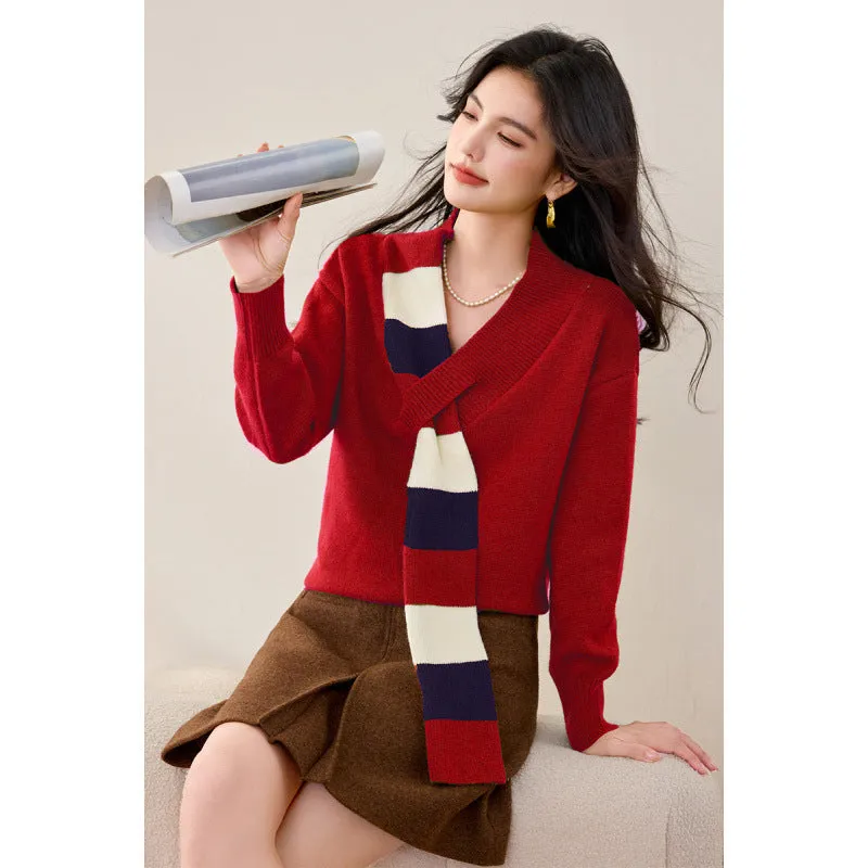 Niche women's striped V-neck fake two-piece pullover sweater in green and red colours, loose fit knit top