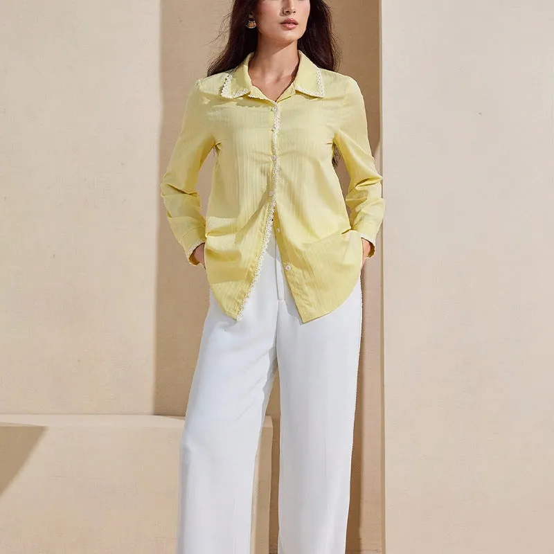 Yellow polyester lace cardigan top with long sleeves and stitching details