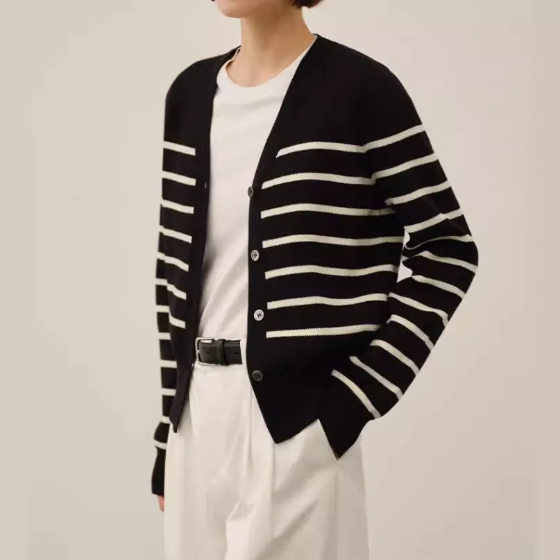 Classic preppy striped button-front cardigan for women, loose fit, short length 40cm, polyester, black colour, front view