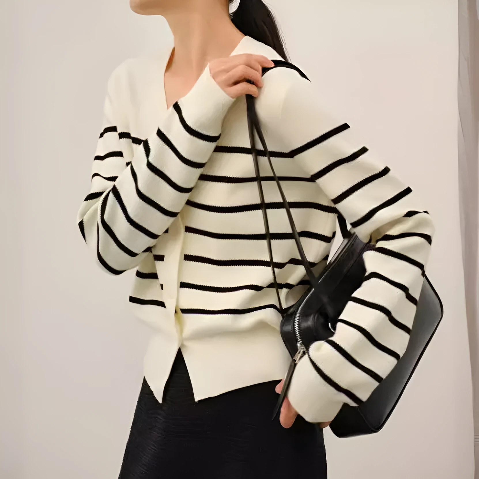 Classic preppy striped button-front cardigan for women, loose fit, short length 40cm, polyester, black colour, front view