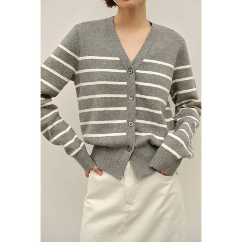 Classic preppy striped button-front cardigan for women, loose fit, short length 40cm, polyester, black colour, front view