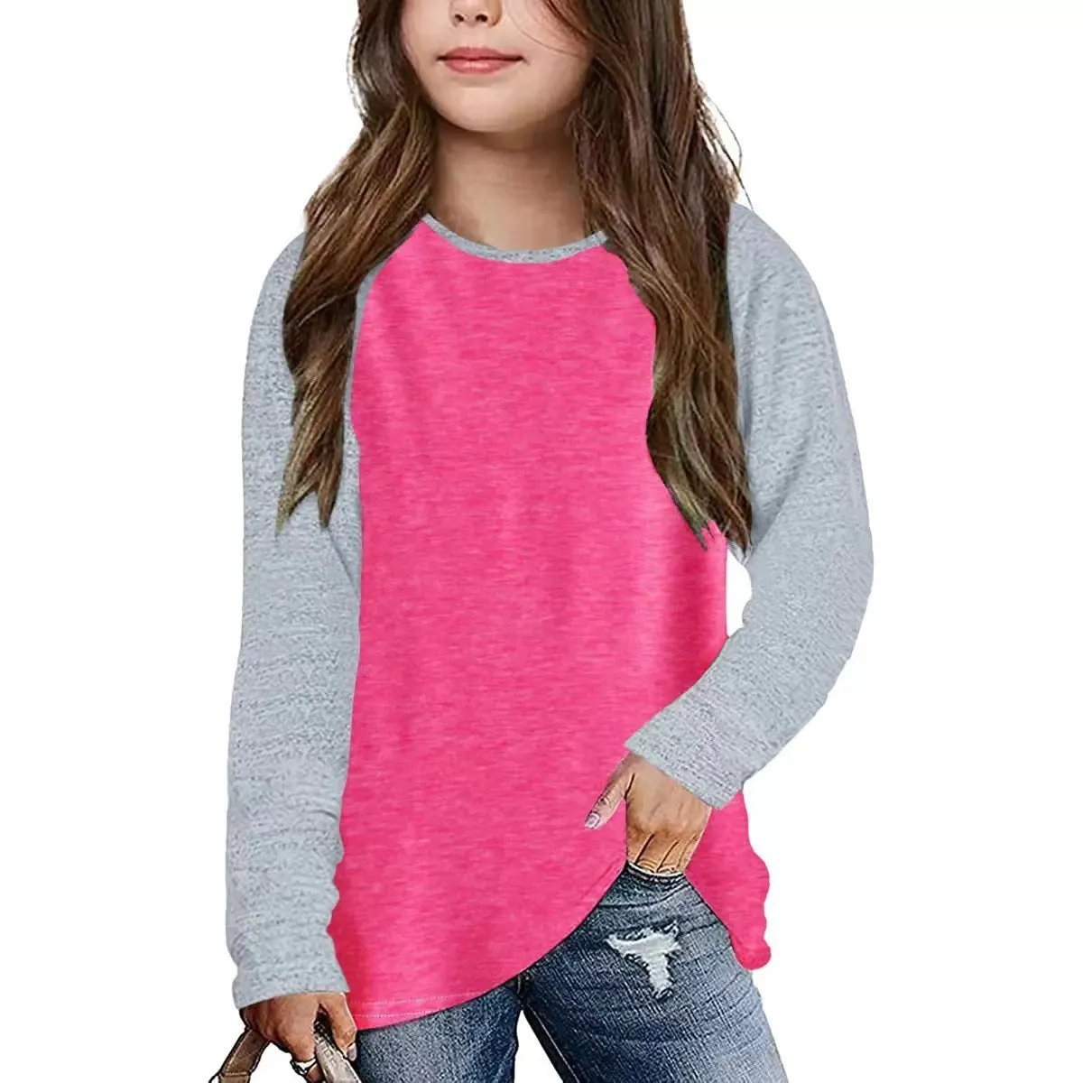 Women's anti-static cotton long sleeve t-shirt with contrast waist in watermelon red