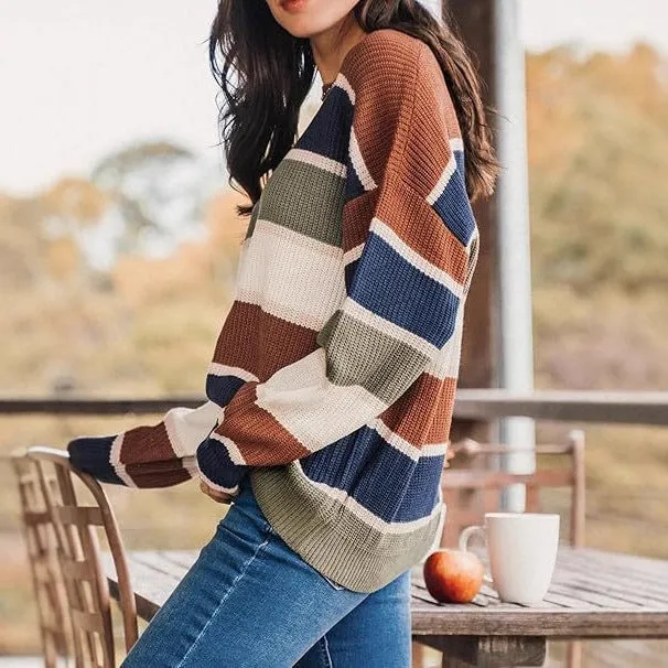 Brown contrast colour knitted sweater female loose fit long sleeve pullover top