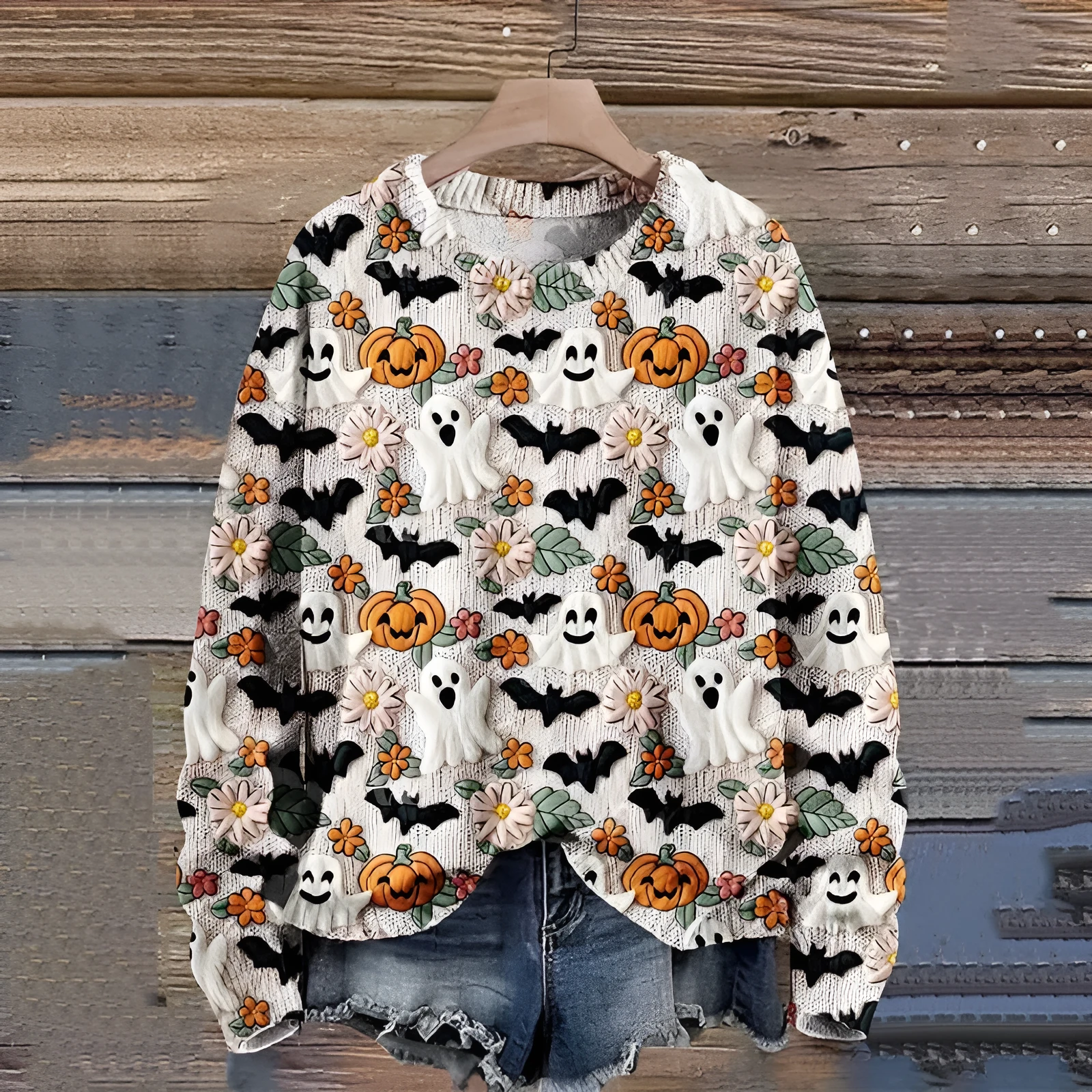 Digital print fashion round neck women's sweater with 3D effect pattern in colour TC032hwj, regular fit pullover style