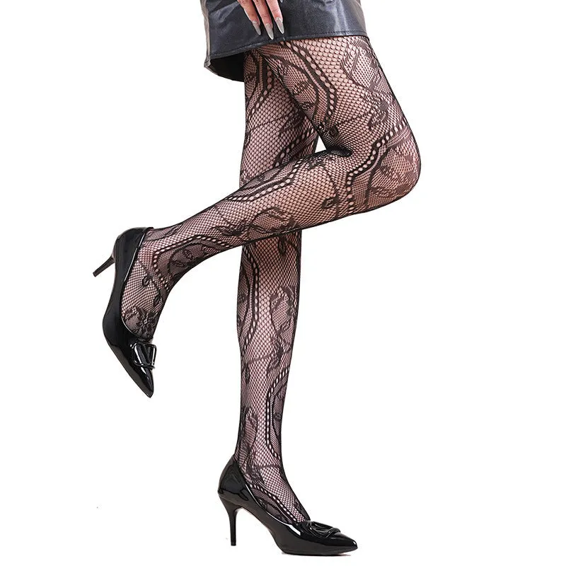 Halloween spider web leopard print fishnet stockings on women's legs, seamless black nylon with pattern