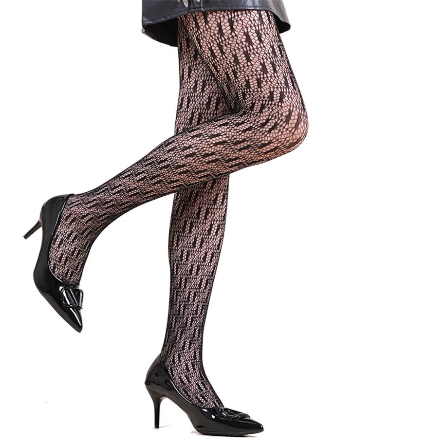Halloween spider web leopard print fishnet stockings on women's legs, seamless black nylon with pattern