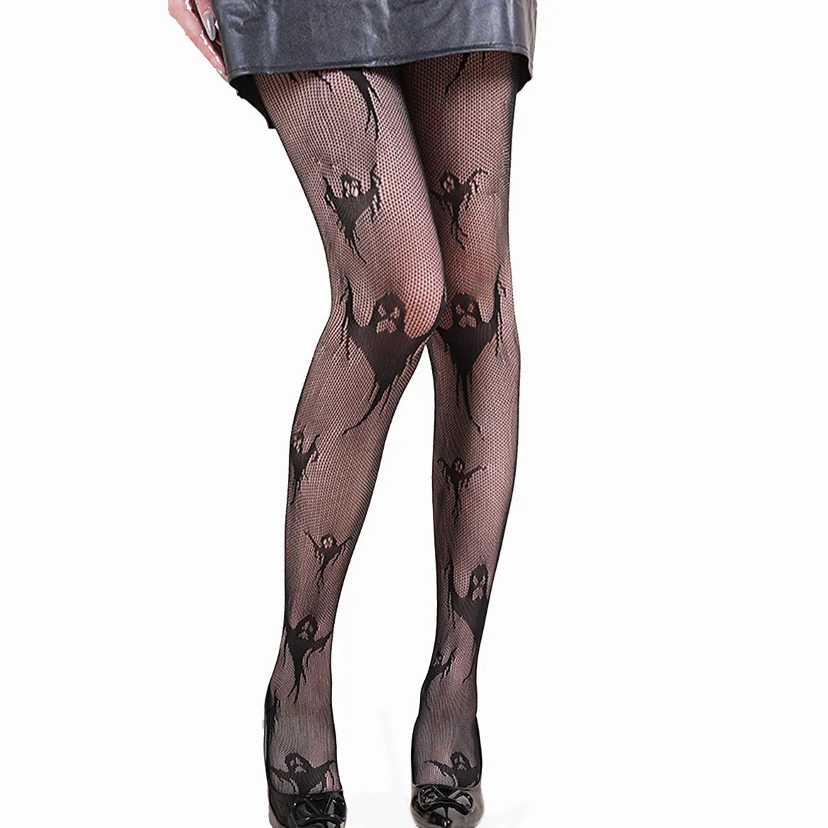 Halloween spider web leopard print fishnet stockings on women's legs, seamless black nylon with pattern