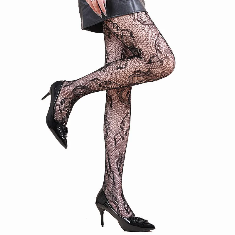 Halloween spider web leopard print fishnet stockings on women's legs, seamless black nylon with pattern