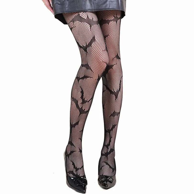 Halloween spider web leopard print fishnet stockings on women's legs, seamless black nylon with pattern