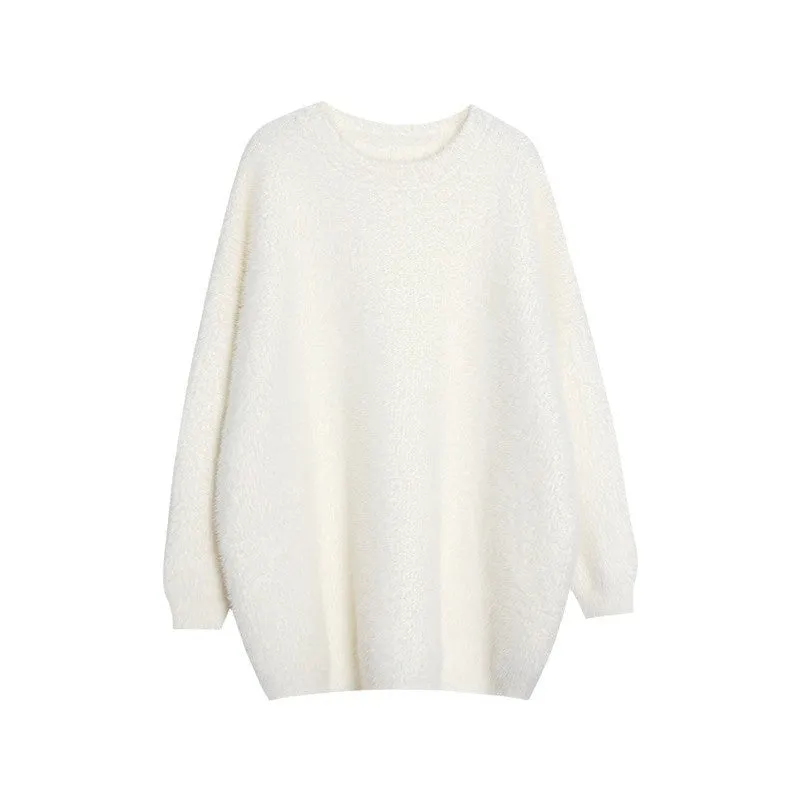 Mid-length acrylic knitwear pullover in camel colour with long sleeves and loose fit