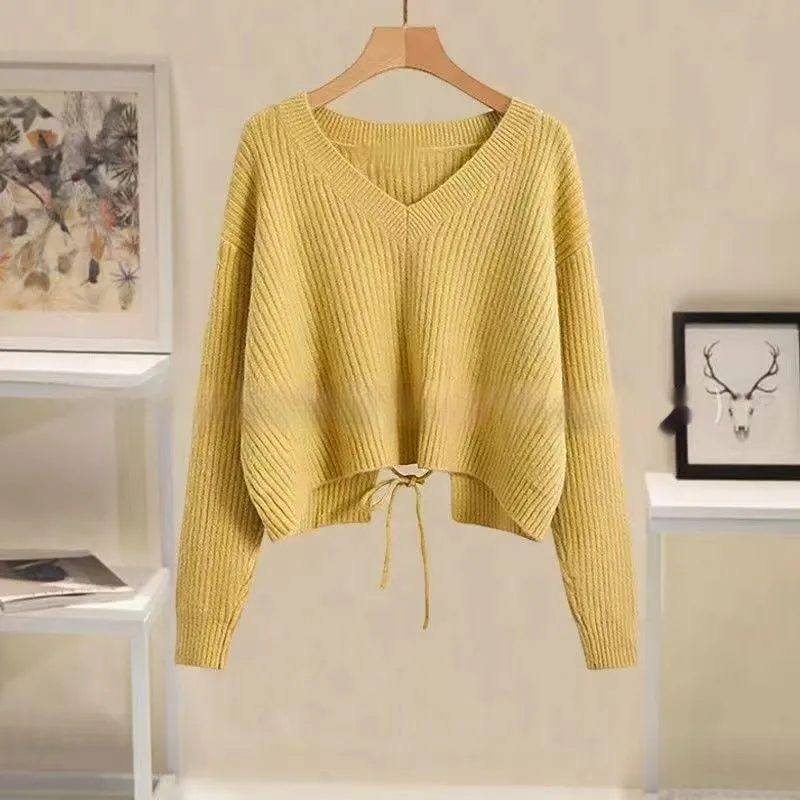 Women's cashmere blend tied V-neck sweater pullover in beige for street fashion casual wear