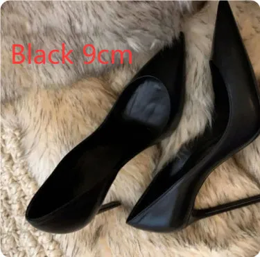 Women's black stiletto heel pump work shoes with PU upper and rubber sole