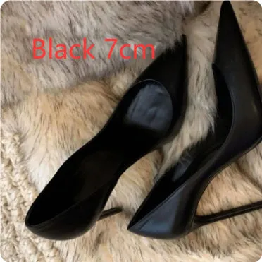 Women's black stiletto heel pump work shoes with PU upper and rubber sole