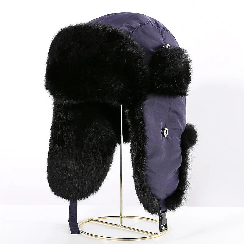 Rabbit fur unisex thickened warm ear protection hat in black cloth with black fur, dome crown style