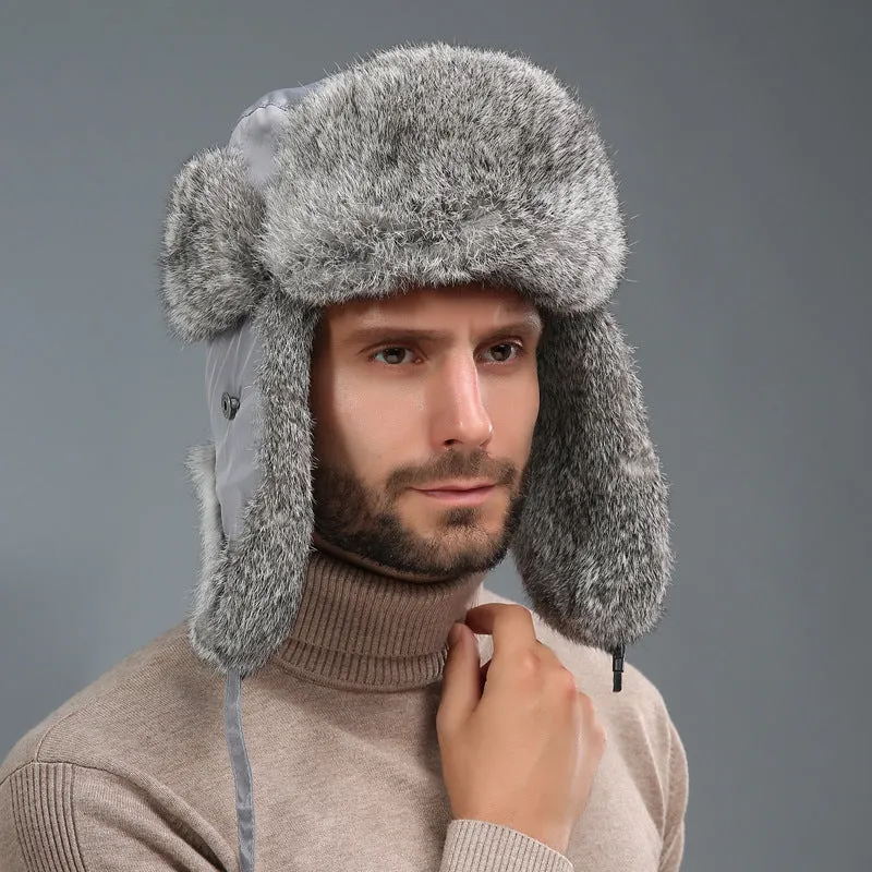 Rabbit fur unisex thickened warm ear protection hat in black cloth with black fur, dome crown style