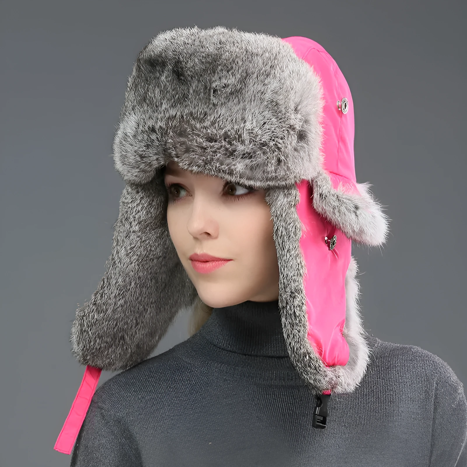 Rabbit fur unisex thickened warm ear protection hat in black cloth with black fur, dome crown style