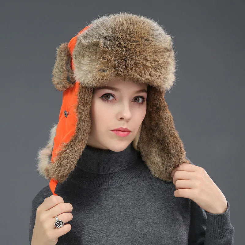 Rabbit fur unisex thickened warm ear protection hat in black cloth with black fur, dome crown style