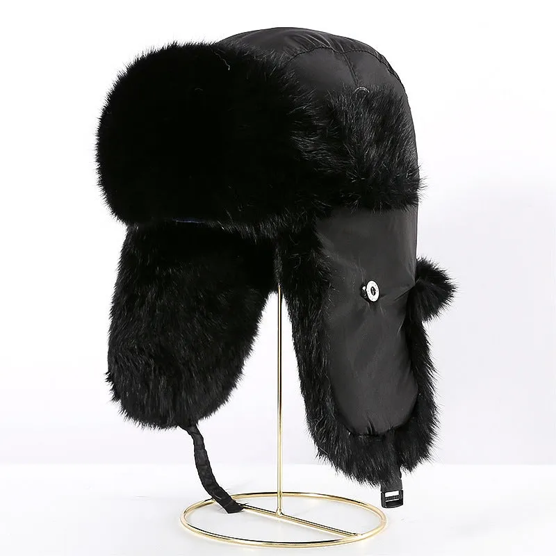 Rabbit fur unisex thickened warm ear protection hat in black cloth with black fur, dome crown style